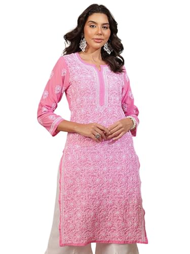 Image of Ada Lucknow Chikankari Hand Embroidered Faux Georgette Kurta Kurti Tunic Dress for Women A95504