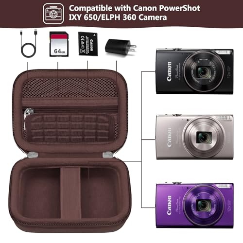 Image of Camera Case for Canon PowerShot ELPH 360 HS A, IXY 650 /ELPH 360 Camera Protective Case Storage Holder Travel Bag with Wrist Strap, Mesh Pocket for Battery Pack, USB Cable, Brown