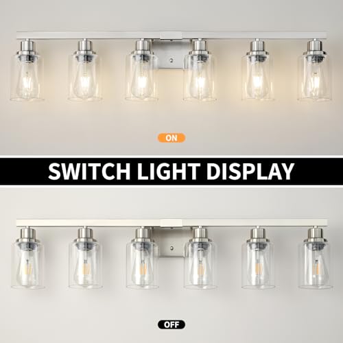 Image of Bathroom Vanity Light, 6-Light Nickel Modern Matte Wall Sconce Lighting with Clear Glass Shade, Wall Lights,Bath Vintage Wall Mounted Lamps for Mirror Bedroom Living Room