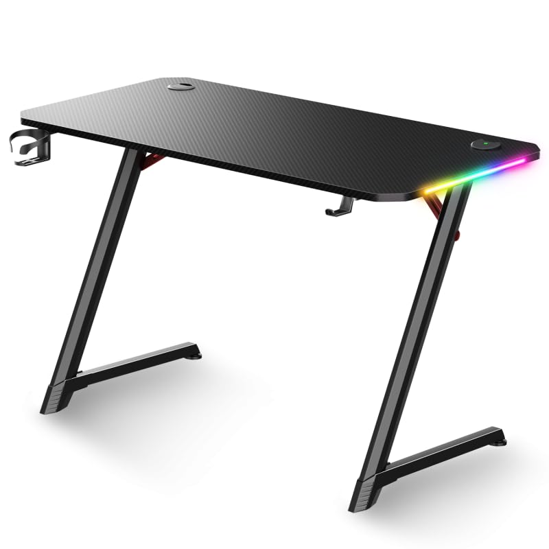Bureau Gaming HEADQUARTER 250, 120 x 60 cm, LED RGB 8 Modes, Support Casque, Porte-gobelet, Design en Z, Noir avec Effet Carbone