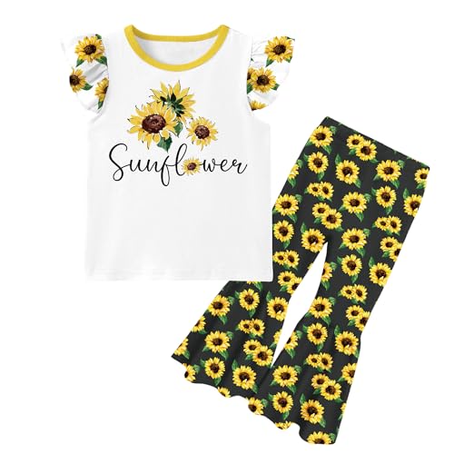 Image of Girl 2pcs set with ruffle sleeves top flared pants spring summer short sleeves 4-12Y
