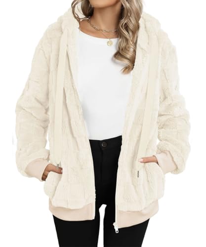 EIRUKON Abrigo Mujer Caliente Esponjoso Invierno Chaqueta Grueso Abrigos Sudadera Polar con Capucha Cremallera de Peluche Cálido Outerwear,Blanco,XL
