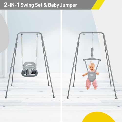 Image of FUNLIO 2 in 1 Swing Set for Toddler & Baby Jumper, Heavy Duty Kids Swing & Bouncer with 4 Sandbags, Foldable Metal Stand for Indoor /Outdoor Play, Easy to Assemble and Store - Grey