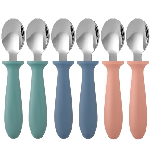 Pimoys 6-Pack Stainless Steel Toddler Spoons Baby & Kids Utensils for Self-Feeding Plastic Handle Dishwasher Safe