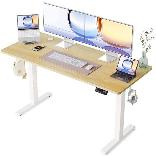 YIHAYO Electric Standing Desk, 55 x 24 Inches Stand Up Desk with Splice Board, Adjustable Height Desk, Computer Desk for Home Office, White Frame/Natural Top