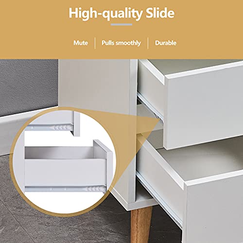 image for TUKAILAi White Modern Bedside Table with Drawers, Open Storage & Solid
