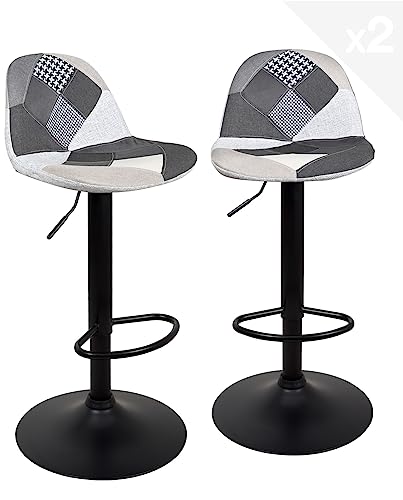 KAYELLES Lot de 2 tabourets de Bar siège Patchwork Tissu rembourré, Repose Pieds, réglable en Hauteur et pivotant 360° Pied Noir SIG (Patchwork Gris)