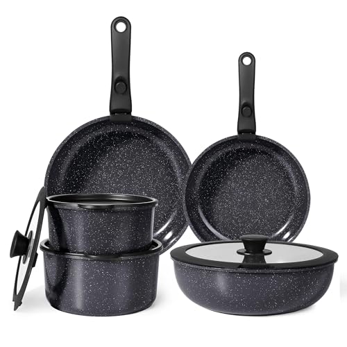 Juego de Ollas y Sartenes Cerámicas Antiadherente - Juego de Cocina con Mangos Desmontables, No Tóxico, Apto para Inducción, Horno y Lavavajillas(Negro 5PCS)