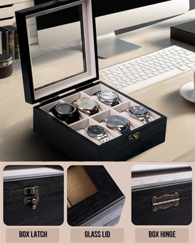 Image of Watch Box, Watch Case for Men Women with Large Glass Lid, Wooden Watch Display Storage Box with 6 - Slots, Charcoal Black 6x2 Mens Watch Box Organizer