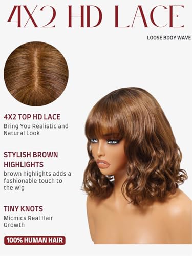 Image of Beauty Forever Bob Wig Human Hair with Bangs Loose Body Wave Glueless 4x2 HD Lace Chestnut Chocolate Brown with Highlight Pre Plucked Bob Wear and Go Short Wigs Beginner Friendly 150% Density 12inch