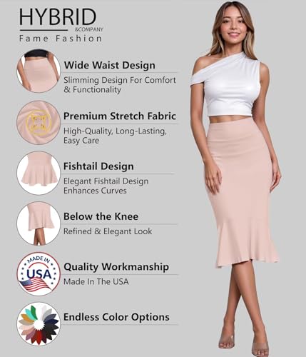 Image of HyBrid & Company Womens Premium Nylon Ponte Stretch Office Fishtail Pencil Skirt High Waist Made in The USA Below Knee