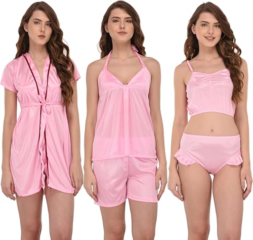 Image of Solid Satin 5 Piece Nightwear /Nighty Set | Attractive & Stylish | (1 Robe,1 Top & Shorts, 1 Bra and Panty Set) for Women