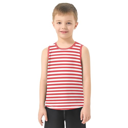 Red with White Stripes Pattern Boys Tank Top Sleeveless Quick Dry Athletic T-Shirts 3-10T2