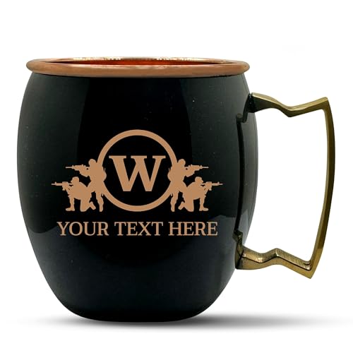 Custom Copper Moscow Mule with Smooth Painted Finish - Engraved Bar Style 100% Copper Cup with Personalized Soldier Circle Frame Monogram Gamer Themed Engraving, Brass Handle | 18 oz, Black