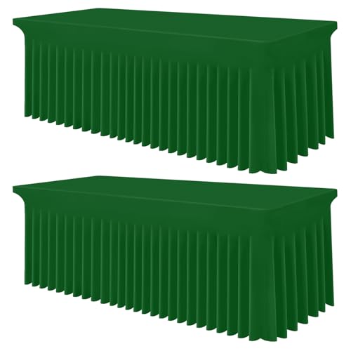 Image of Smiry 2 Pack Spandex Elastic Fitted Table Cloth Skirt for 8FT Table | Stretch Washable Table Cloth, Banquet Table Cover for Wedding, Party, Indoor & Trade Shows, (Emerald Green, 96Lx30Wx30H)