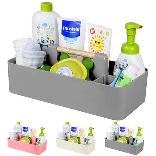 ChengFu Baby Shower Caddy Plastic Nursery Portable Storage Organizer Caddy Tote for Child/Kids, Divided Basket Bin with Wood Handle for Bathroom, Dorm...