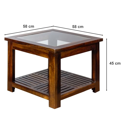 Image of Solid Sheesham Wood Coffee Table with Glass Top & Storage Shelf | Premium Wooden Teapoy | Modern Center Table for Living Room | Wooden Tea Table (Walnut Finish)