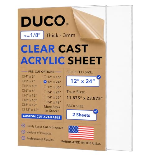 Duco 1/8" Clear Cast Acrylic Sheets, 12"x24" Plexiglass Sheets, 2 Pack