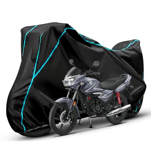 Image of Waterproof Bike Body Cover Compatible with Honda Shine Dustproof Scratchproof - Motorcycle Cover for Two Wheeler, Outdoor Full Cover with UV, Duty, Rain Protection (Black & Aqua) R1