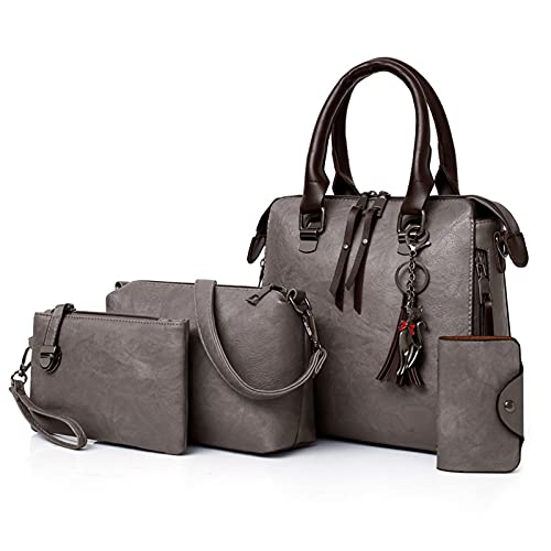 Donna Borsa a Mano Retrò Borse a Tracolla a Spalla in PU Pelle Portafoglio Set di 4 Pezzi Borsetta per Scuola Lavoro Viaggio Grigio