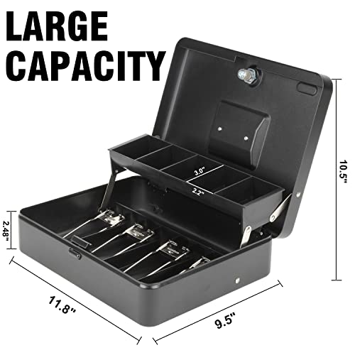 Sgorlds Cash Box Key Lock On Top, 11.8L X 9.5W X 3.5H Inches, Black Metal Money Box With Tray & Key Lock,Tiered Locking Cash Boxes,Durable Lock Safe Box With Key,4 Bill / 5 Coin Slots,Large #TOP4