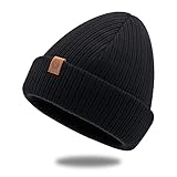[WindTour] ニット帽 秋冬 リブ編み 厚手 二重防寒 ビーニー帽 ニットキャップ ビーニーキャップ ふわふわ・伸縮性・シンプル・おしゃれ・暖かい・軽量 フリーサイズ 通勤 通学 スポーツ バイク 自転車 スキー ユニセックス 男女兼用 (1枚-ブラック)
