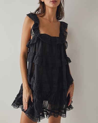 Gacaky Women's Summer Casual Sleeveless Rompers Ruffle Flowy Boho Sun Dress Loose Mini Dress with Built-in Shorts3