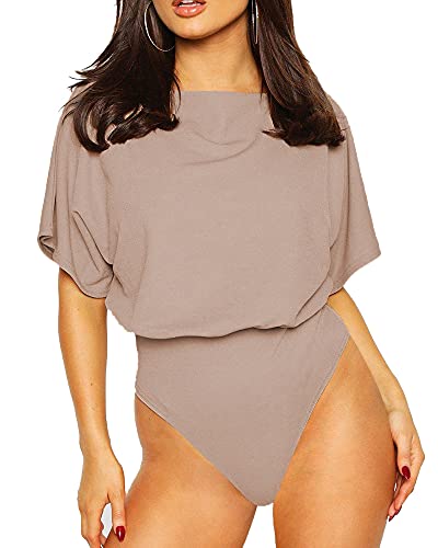 LINMON Womens Slash Neck Short Sleeve/Long Sleeve T Shirt Tops Bodysuit (A1 Taupe Large)