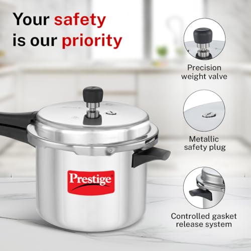 Image of Prestige 5 Litre Aluminium Popular Outerlid Pressure Cooker | Virgin Aluminium| Gas Compatible|Controlled Gasket Release System|5 years warranty|ISI Certified