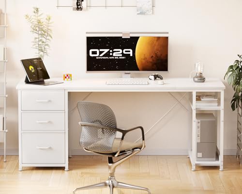Image of AODK 63 Inch Computer Desk with Drawers & USB Power Outlets, Reversible Home Office Desk with Storage Shelves, Work from Home, Modern Work /Writing /Study Table for Bedroom, White