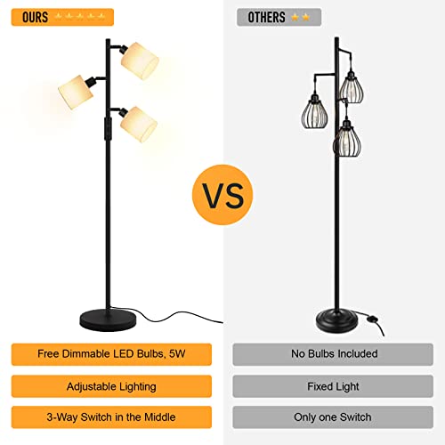 Floor Lamps For Living Room With 3 Color Temperature Led Bulb, 3-Head Tree Standing Lamp, Simple Floor Lamp With Beige Lamp Shades Modern Tall Lamps For Bedroom Office Classroom, Black (5W Led Bulbs) #TOP3