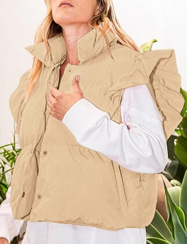 Himosyber Womens Cropped Puffer Vest Ruffle Sleeve Button Down Jacket Stand Collar Winter Warm Padded Gilet with Pockets3
