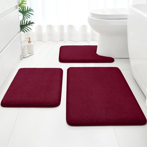 HOMEIDEAS Upgraded Bathroom Rugs Set 3 Piece Ultra Soft Memory Foam Bath Mats Super Absorbent Non Slip Washable U-Shaped Toilet Bath Rug (Burgundy Red 17x24+20x32+U-Shaped 20x24)