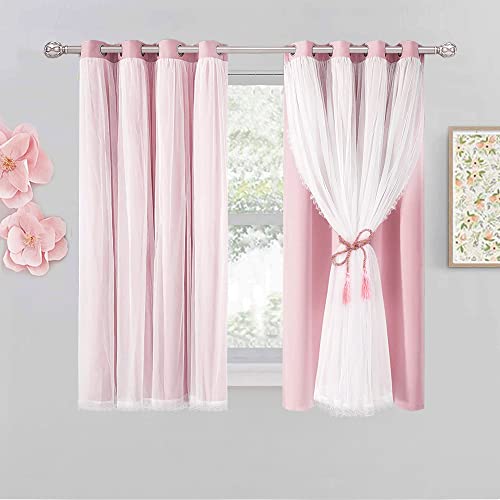 Image of Short Pink Blackout Curtains with Sheer Overlay - Grommet Privacy Drapes, Cute Window Treatments for Kids /Girls Bedroom Nursery LivingRoom, 52 x 54 in, 2 PCs