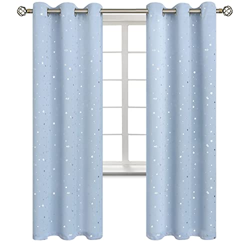 Image of BGment Star Room Darkening Curtains for Kids Bedroom - Grommet Thermal Insulated Silver Star Print Kids Curtains for Living Room, Set of 2 Panels, Baby Blue, 42 x 84 Inch