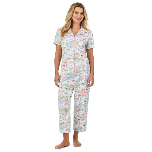 Image of Cuddl Duds 2 Piece Short Sleeve Capri Matching Pajamas for Women PJs Set | Cropped Capris Pants & Button Up Top, Sleepwear & Loungewear, Cute Sleep & PJ Set, Soft Lightweight & Breathable Pajamas
