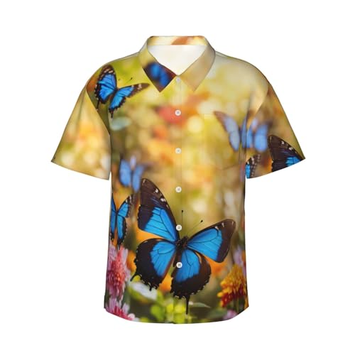 Chemise d'été boutonnée homme imprimé papillon bleu haut de plage respirant