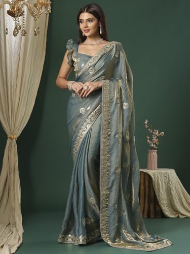 Image of SAREE MALL Women's Satin Silk Embroidered Saree With Unstitched Blouse (KRIYNS4001 KH Parent)
