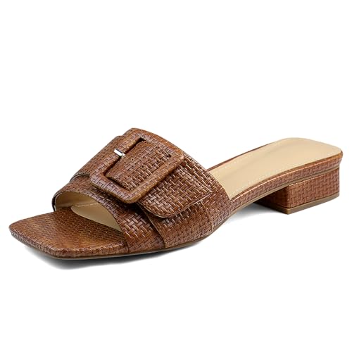 Women's Slide Heeled Sandals Opened Square Toe Chunky Block Heel Slippers with Buckle Slip on Casual Comfortable Pumps