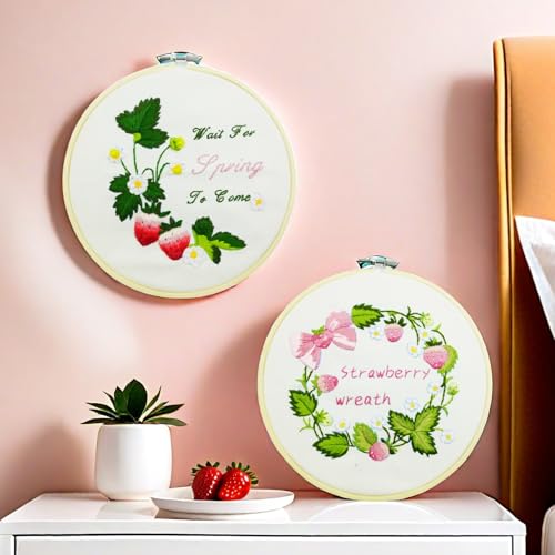 Image of Speedura 4-Set Embroidery Kit for Beginners - Easy Needlepoint Starter Kit for Adults to Learn Hand Embroidery with Stamped Designs, Cross Stitch Patterns, and Fun DIY Projects (Sweet Strawberry)
