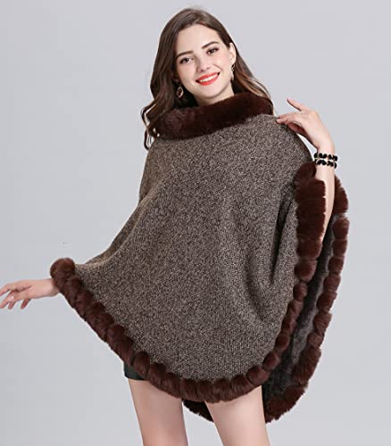 Women Knitted Shawl Poncho with Faux Fur,Round neck Pullover Shawl,Winter Warm Elegant Cloak Poncho4