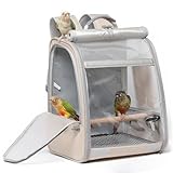 Bird Carrier Backpack, Portable Travel Bird Cage with Standing Perch, 2 Feeder Cups, Iron Mesh Stand & Removable Tray Lightweight, Breathable Mesh Window for Parrot Carrier，Easy Clean (Cream)
