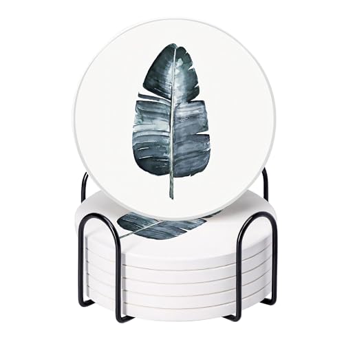 Image of The Better Home Diatomite Coaster Set of 6 with Cork Steel Holder (Dia - 10cm, Thick - 8mm) | Tea Coaster |Cups /Coffee Mugs /Glasses Coaster Set | Dining Table Accessories for Home (Leaf Print)
