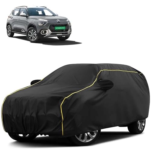 Image of Sulfar 100% Water Resistant Car Body Cover Compatible with Mirror for CITROEN E-C3 All Electric (Triple Stitched, Full Bottom Elastic, Black Tafetta with Yellow Piping)