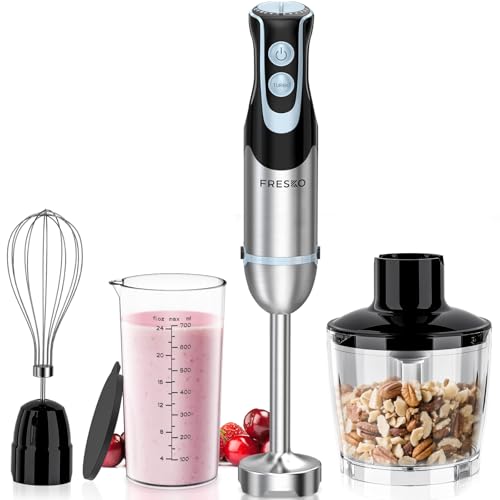 FRESKO 4-en-1 Batidora de mano, batidora de 1000W con 12 velocidades y modo turbo, Cuchillas de acero inoxidable 304, Incluye taza medidora, Taza picadora y batidor (HB3302)