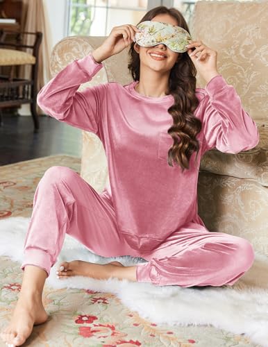 Ekouaer Womens Pajamas Sets Long Sleeve Soft Sleepwear 2 Piece Velvet Pjs Lounge Sets with Pockets