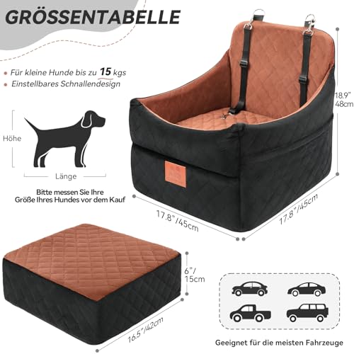 GL GLENSLAVE Hunde-Autositz für kleine/mittlere Hunde, Hundeautositz mit Dicker Polsterung unter 35 Pfund, Abnehmbarer, waschbarer Autositz für Haustiere (schwarz/braun)