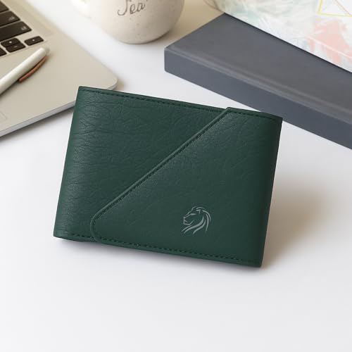Image of VEMILIO Men's Vegan Leather Wallet for Men | Edge Cut Slim Bi-Fold Gents Purse | Stylish Wallet with Coin Pocket | 3 Card Slots | ID Window & 2 Currency Compartments (Green)