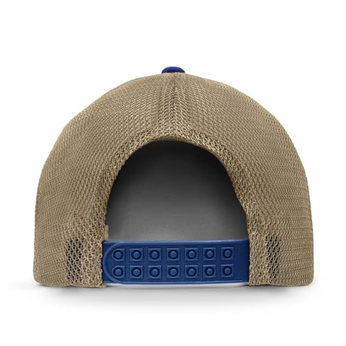 Image of Tee Luv Old Bay Seasoning Hat - Old Bay Crab Logo Mesh Back Baseball Cap (Blue /Tan)