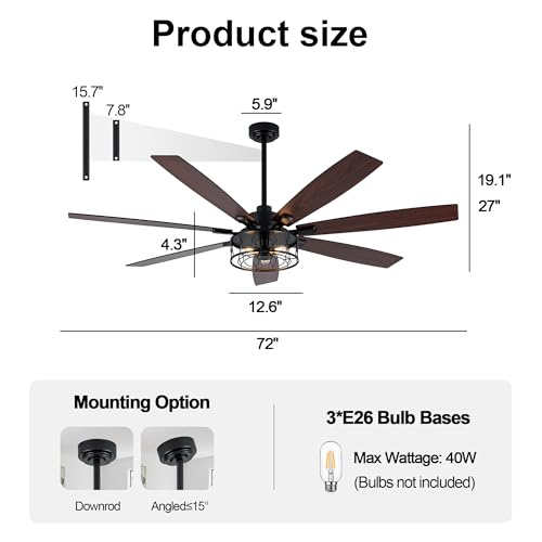 Image of 72 Inch Ceiling Fan with Lights Farmhouse Ceiling Fan with Lights | Black Caged Fandelier Rustic Industrial Chandelier for Living Room Indoor Covered Outdoor, 7 Dual Blades Reversible 6 Speeds